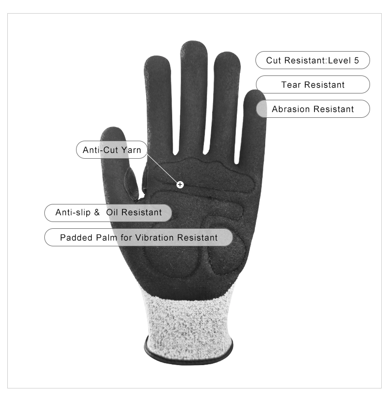 Cut Resistant Level 5 Protection Sandy Nitrile Palm Coated TPR Mechanic Impact Gloves