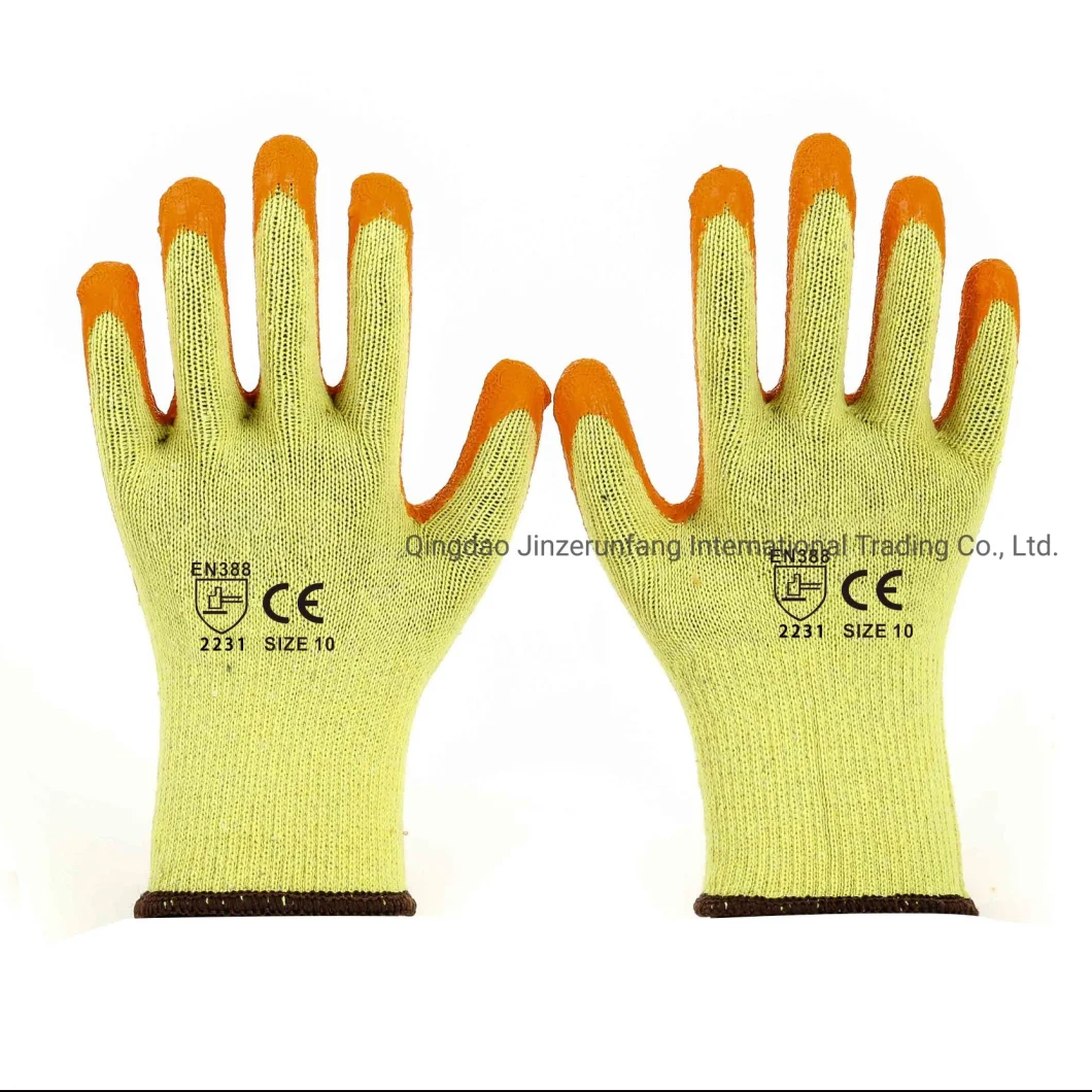 Anti-Static Industrial Orange Latex Coated Rubber 10g Yellow Polyester Working Safety Work Hand Gloves